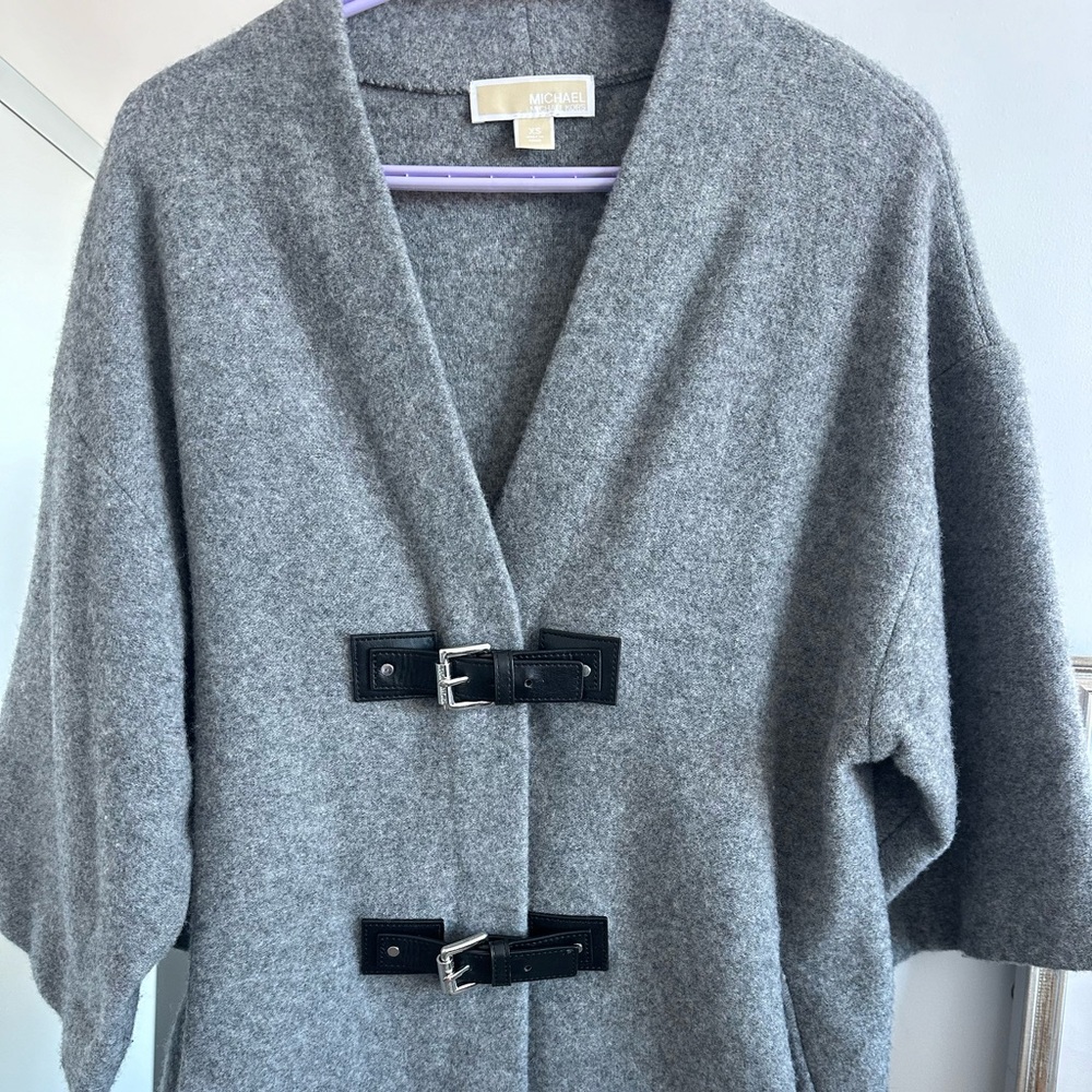 Michael Kors sweater coat with black leather detailing.